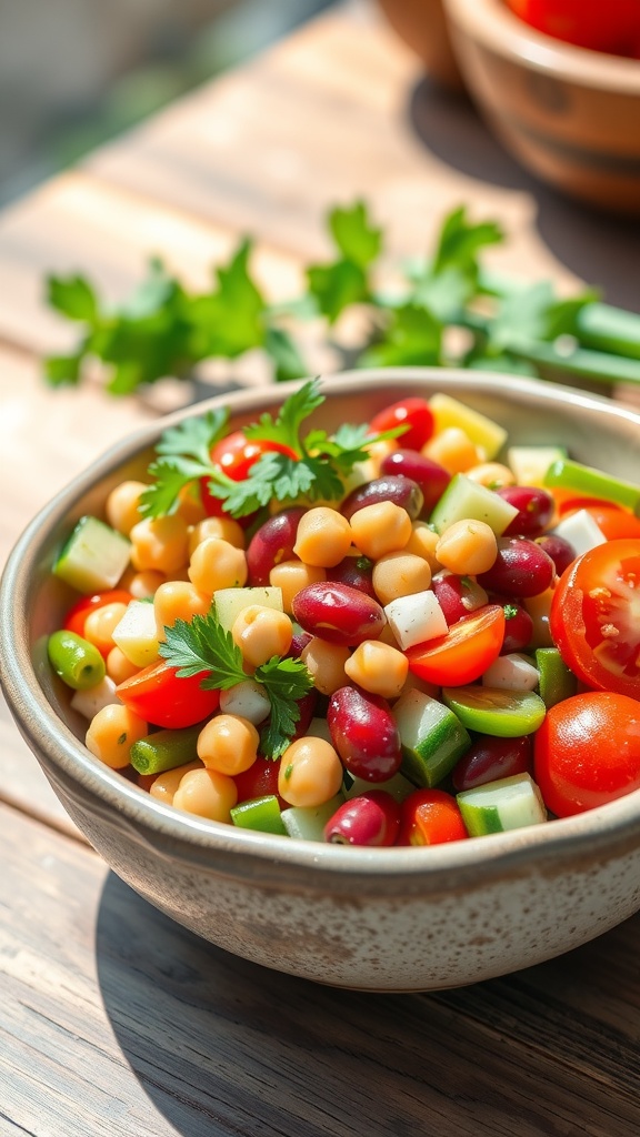 A vibrant three bean salad with chickpeas, kidney beans, green beans, cherry tomatoes, cucumber, and parsley in a rustic bowl.